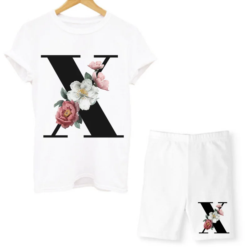 

Kawaii Two Piec Set Letter Printed T Shirts And Tight Shorts Set Summer Short Sleeve O-neck Casual Tracksuits Outfit For Women's