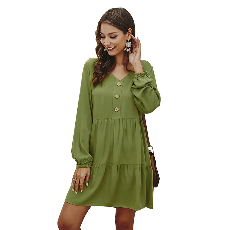 

FORERUN Long Sleeve Dresses Women Casual Mini Cotton Summer Deep V Neck Solid Button Loose Vestidos Verano Ropa Mujer