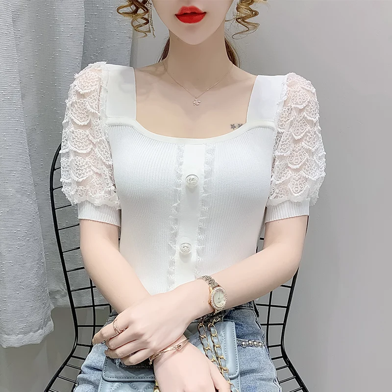 

Women's Short-Sleeved Knitted T-shirt with Puff Sleeves Square Collar Slimming Thin Bottoming Shirt T-shirt Top Summer New