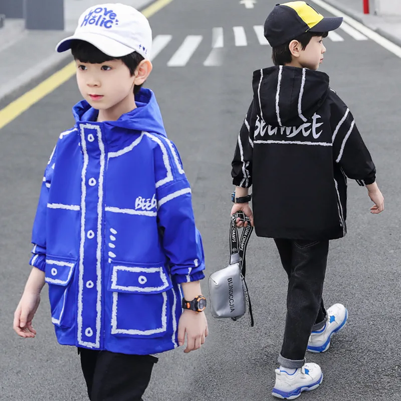 

Big Boys Long Trench Coats 2021 New Fashion Style Hooded Windbreaker for Boys Kids Teenage Clothes Size 110-160