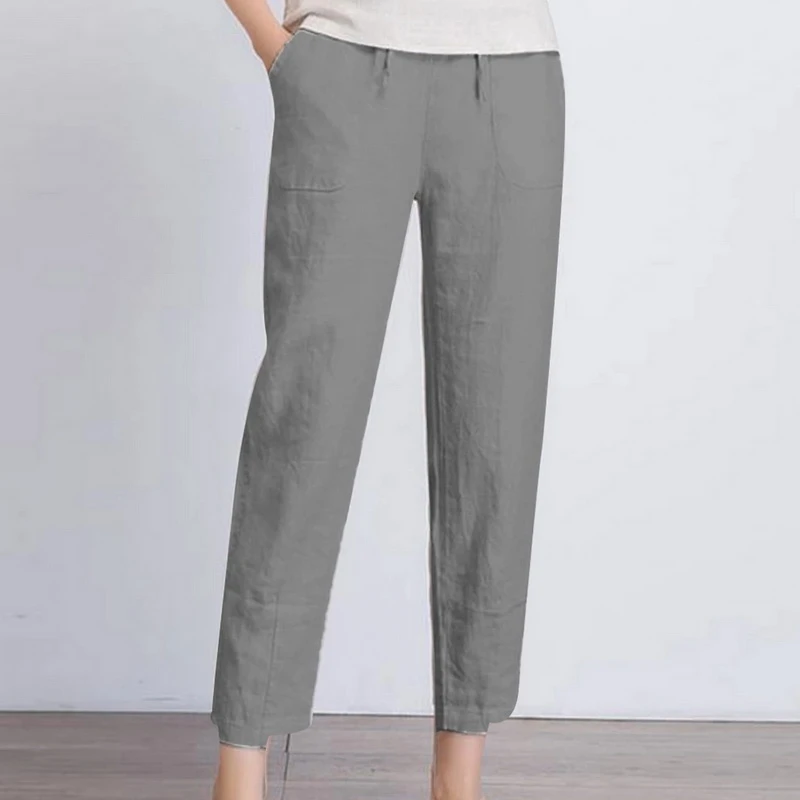 

Cotton Linen Big Pocket Thin Women's Pants Solid Elastic Waist Pant For Women 2021 Autumn Straight Black Homewear Work Trousers