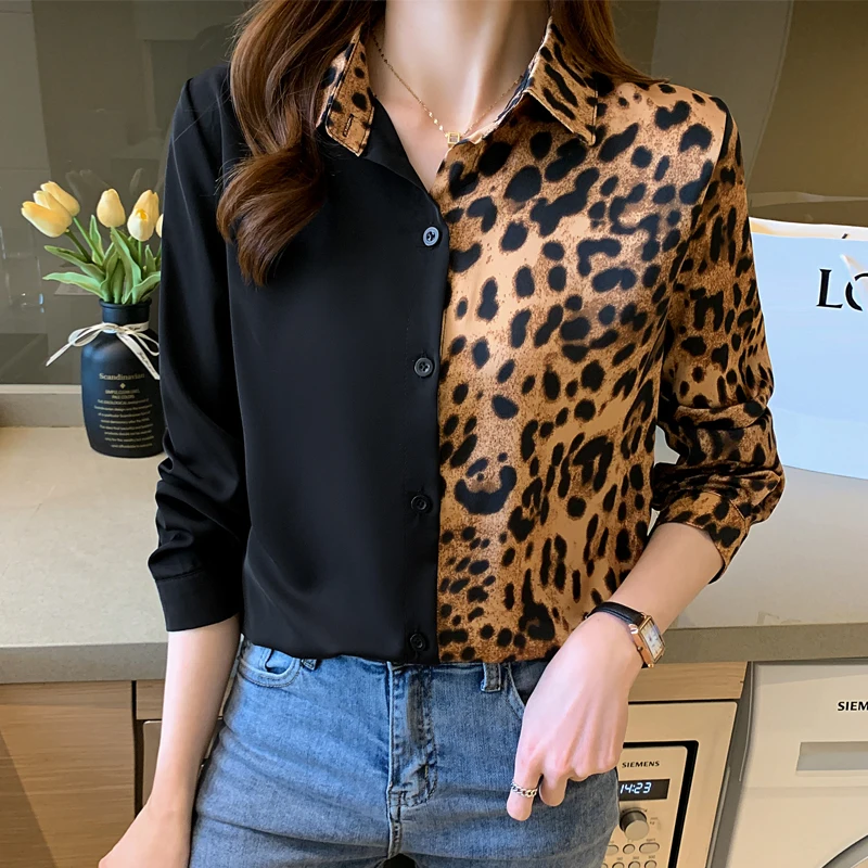 

2021 Autumn New Blouse Female Leopard Print Stitching Long-sleeved Lapel Blusa Temperament Simple Shirt KK1711