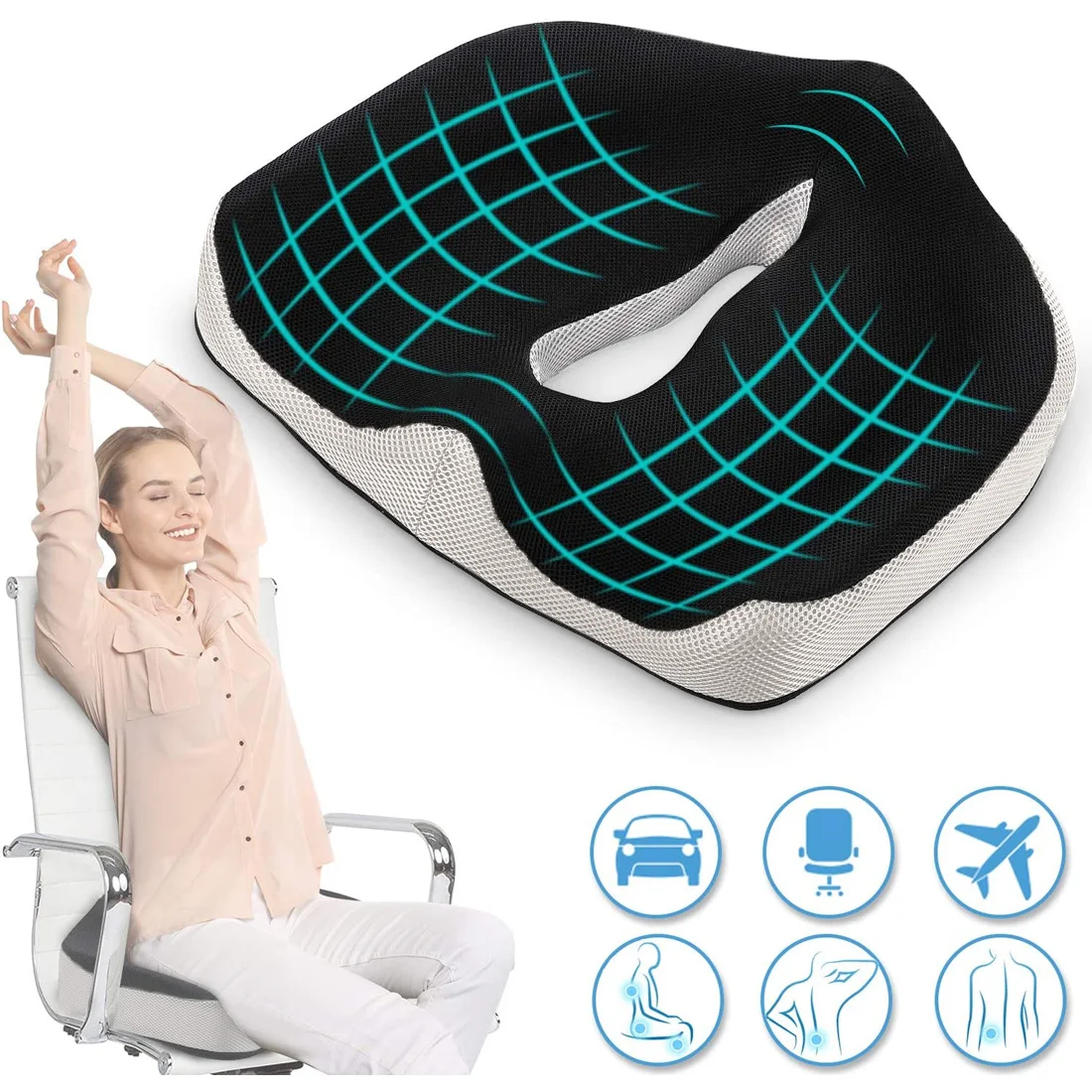 

Comfort Gel Infused Memory Foam Seat Cushion Office Chair and Car Seat Cushion Back Pain Relief