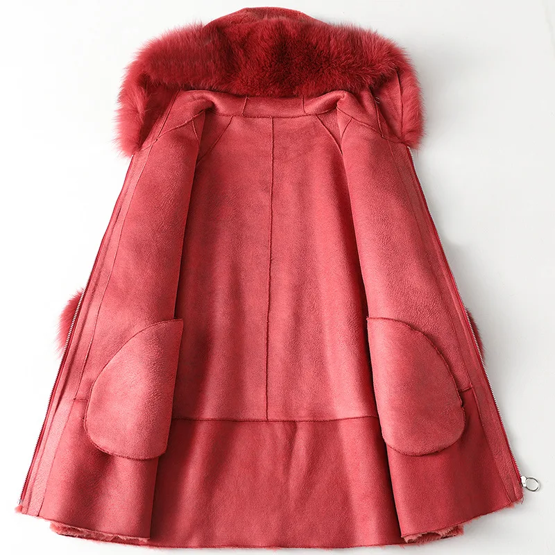 Winter 100% Wool Fox Fur Collar Women's Red Fashionable New Hoodie Coats Sheep Shearing Coat Autumn Black Wool Fur Outwear
