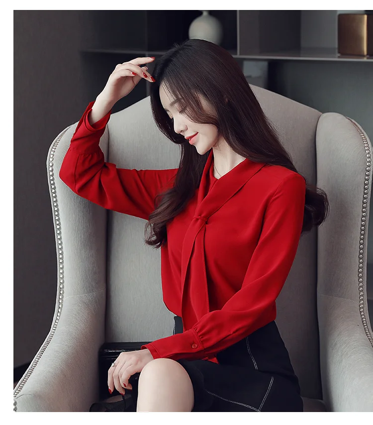 Женская блузка, офисный Топ с длинным рукавом, шифоновая блузка, blusas femininas elegante, с бантом, однотонная, с v-образным вырезом, красная одежда, женские топы 0412