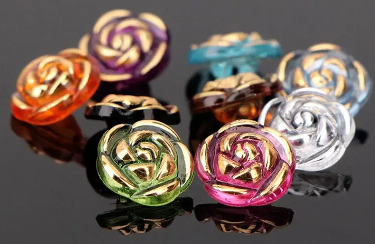 10pcs Crystal Buttons Candy Color Gold Edge Clear Rose Flower Acrylic Buttons for Decoration Handmade Craft Sewing Accessories