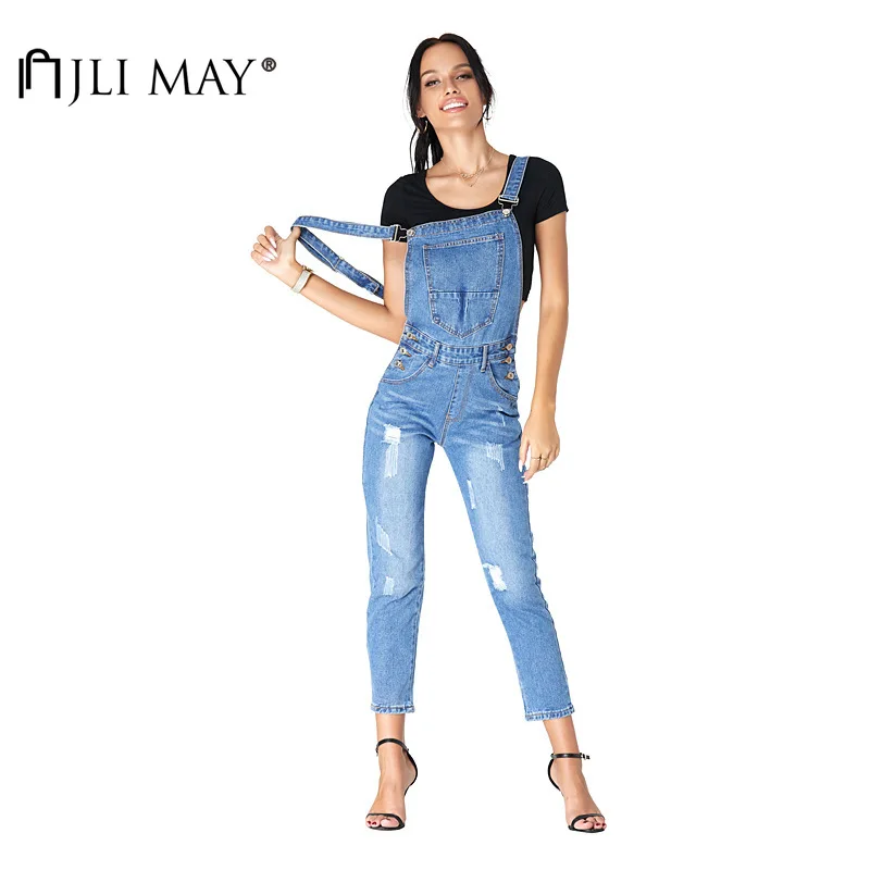 

JLI MAY Women Solid Jeans Cotton Overalls Patchwork Pocket Bleached Ripped High Waist Denim Full Length Overalls Streetwear