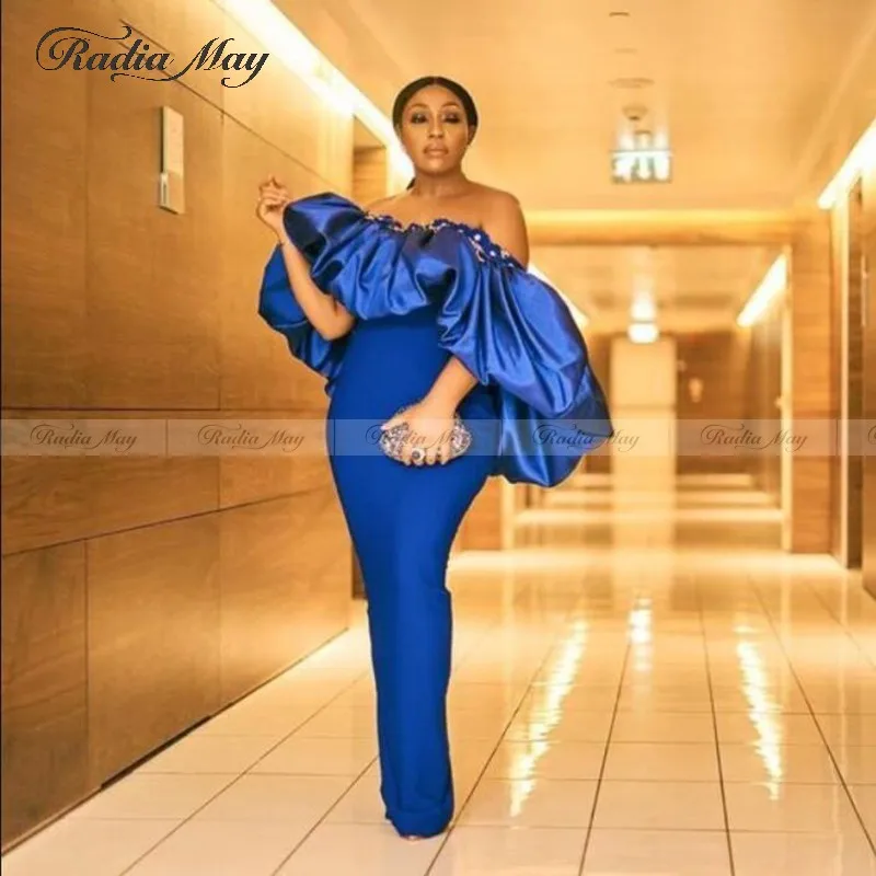 Королевский синий Русалочка платья для торжеств с открытыми плечами рюшами