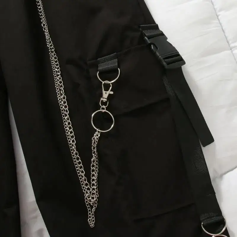

2020 Student Cargo Pants Buckle Ribbon Pocket Jogger Elastic Waist High Streetwear Harajuku Pant Chain Females Two Piece Pants