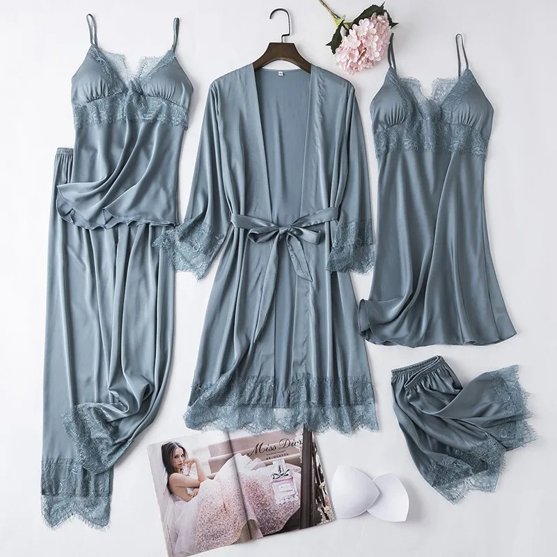 

5PCS Sleepwear Sexy Lady Kimono Bathrobe Gown Nightgown Casual Lounge Nightwear Sleep Set Intimate Lingerie Silky Satin Homewear