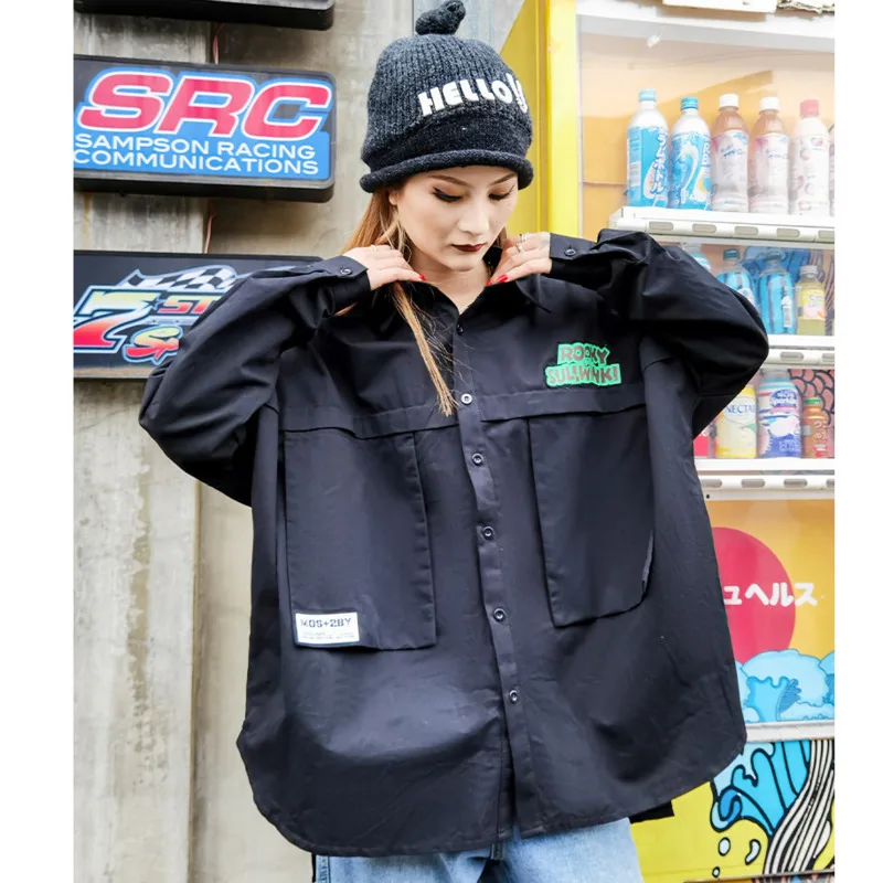 

[DEAT] Solid Black Women Lapel Collar Printed Letter Loose Sleeve Double Pockets Casual New Fashion Tide 2021 Spring GX14