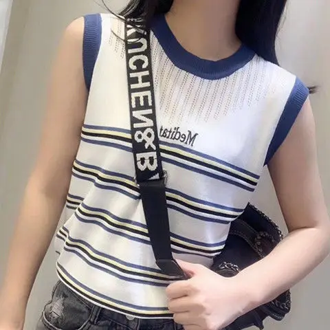 

2021 new fashion ice silk T-shirt summer loose round neck striped vest T-shirt hollow thin sleeveless top female