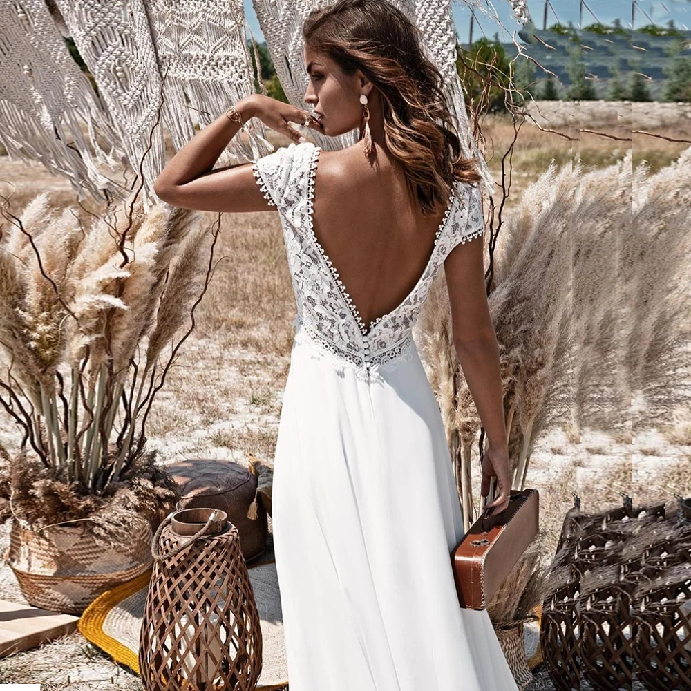 

Vintange Lace Boho Bohemian Wedding Dress 2021 A Line Simple Beach Bridal Gown Chiffon Sweep Train Bride Dresses plus size