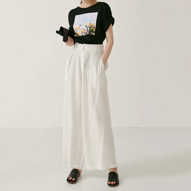 [EAM] New Spring Summer Round Neck Short Sleeve black loose patter printed personality T-shirt Women Fashion Tide JW877