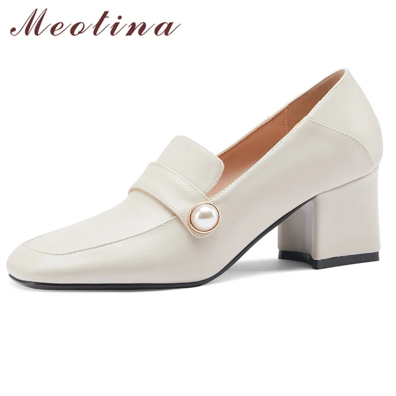 

Meotina Women High Heel Pumps Pearl Square Toe Shoes Chunky Heels Slip On Footwear Female Dress Shoes Black Beige Spring 2021 43