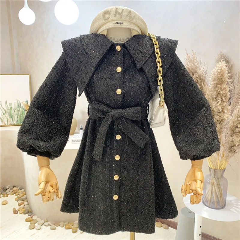 

Niche Design New Women's Clothing 2021 Autumn Winter Retro Double Layer Doll Neck Lace Up Tweed Dress
