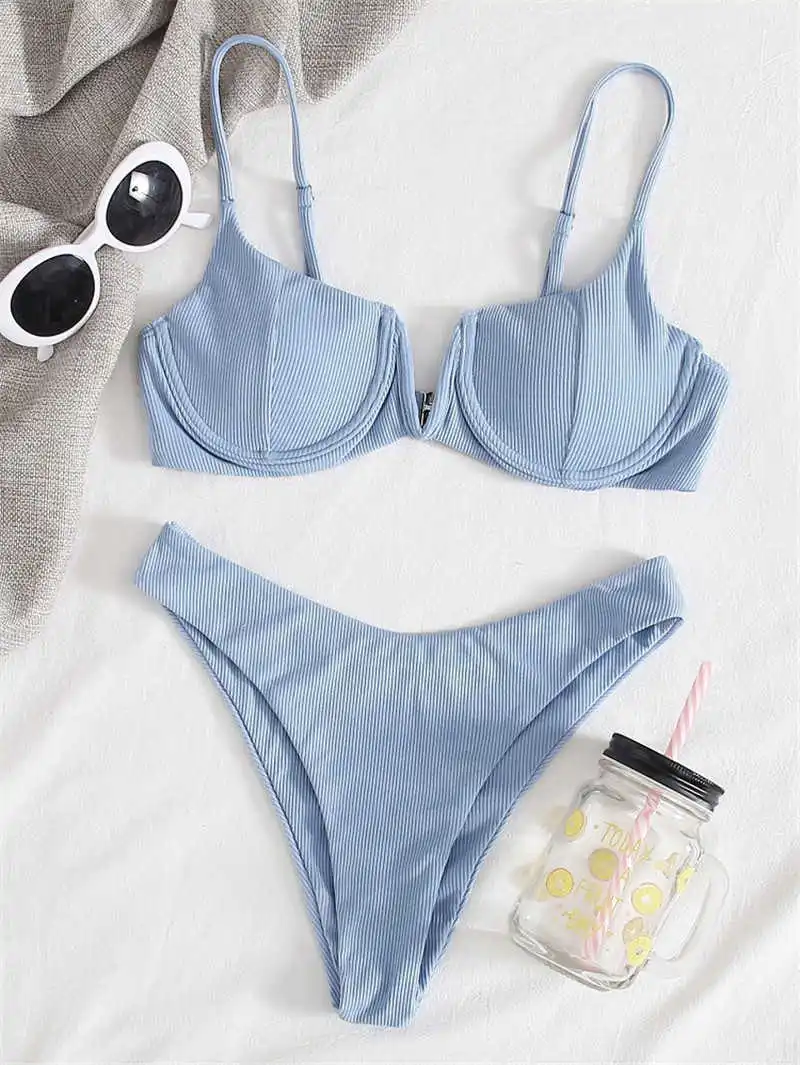 

Sexy with bikini 2021 female solid v-bra push up padded two bikini ensemble thong