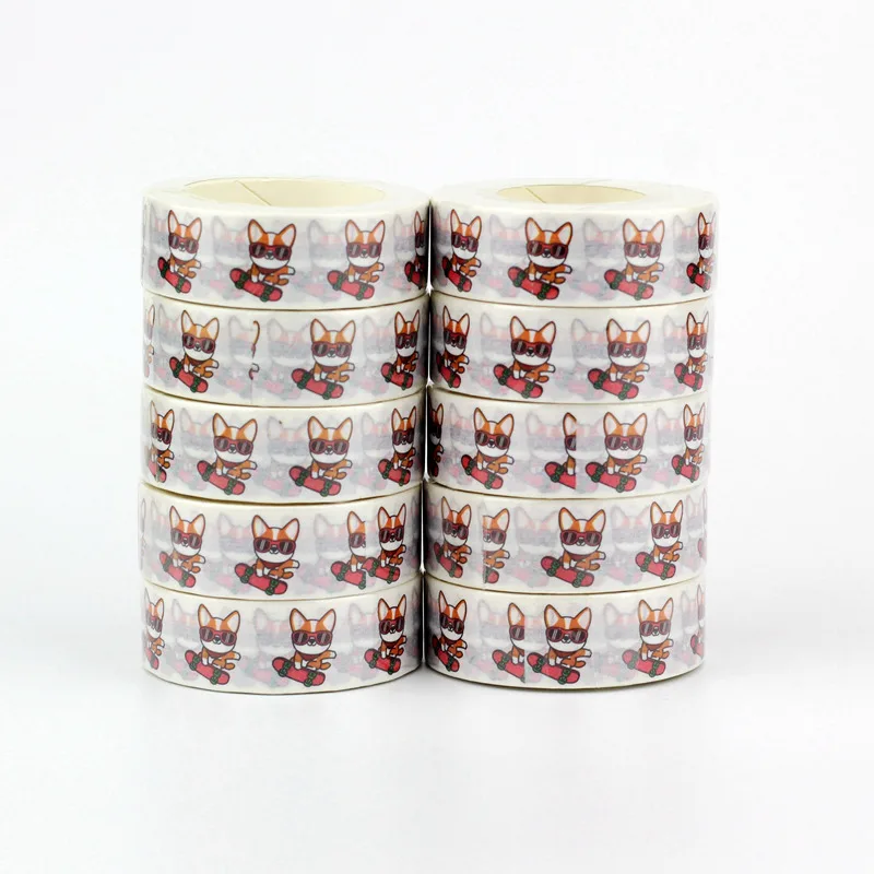 Новые 10 рулонов декоративной милой скотч-ленты "Уэльский корги играет на скейтборде" для журналирования и скрепления бумаги в офисе.