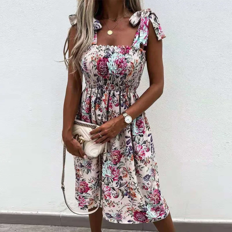 

Summer Lace Bowknot Sexy Sling Womens Dress Casual Fashion Sleeveless Floral Polka Dot Party Beach Short Skirt