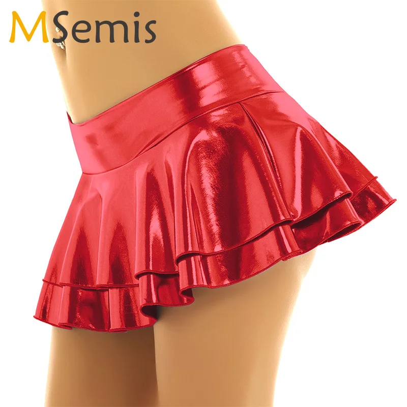 

Womens Shiny Metallic Sexy Club Mini Skirts Low Rise Layered Ruffled Mini Skirt for Dance Festivals Cocktail Costumes Clubwear