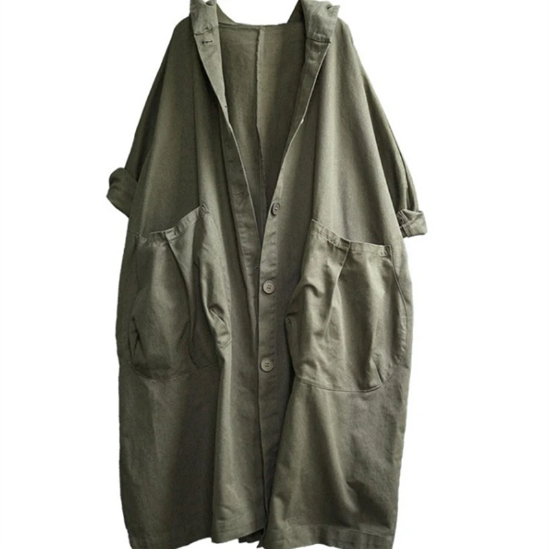 

Women's Autumn Coat Solid Women's Trench Coat Loose Casual Women's Long Trench Coat Hooded Big Pocket Women's Windbreaker 2021