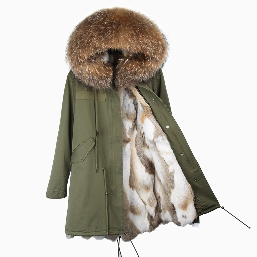 Fashion Ladies Parka Rabbit Fur Lining Hooded Long Coat Army Green Large Raccoon Fur Collar Winter Warm Jacket