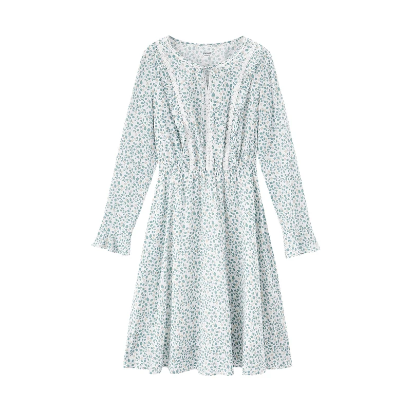 

INMAN Spring Autumn Sweet Print Pattern Butterfly Collar Knot Elastic Waist A Line Women Lotus Sleeve Lady Dress