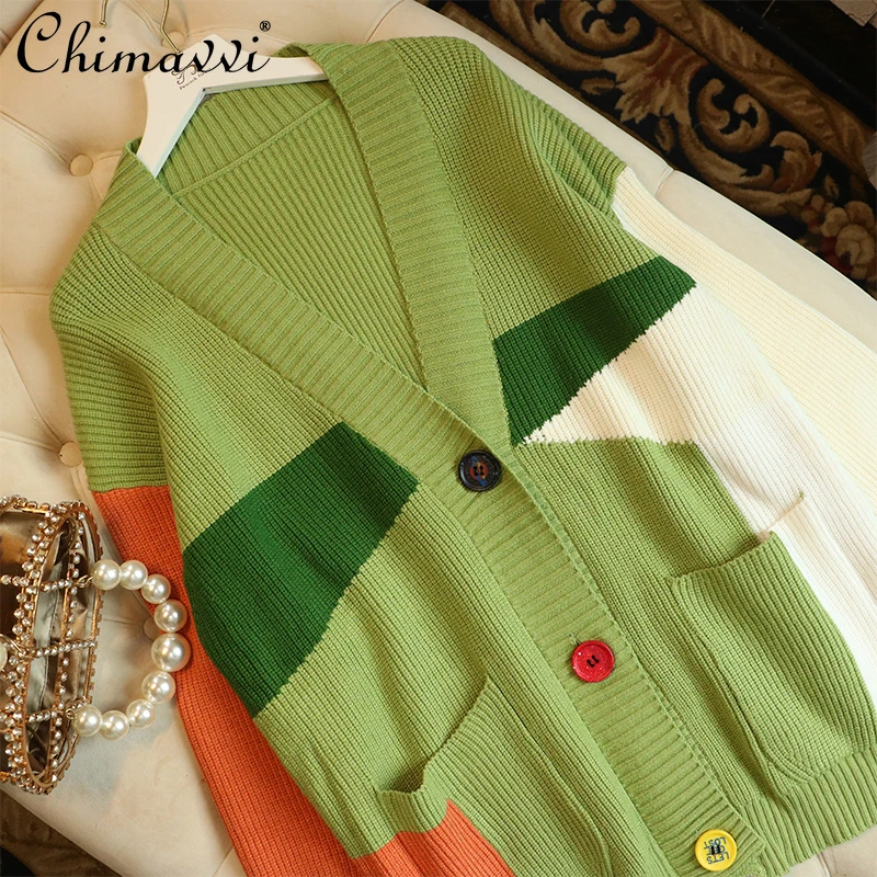 

Новинка Осень 2021, повседневное свободное вязаное пальто с большими карманами и геометрическим принтом, модный свитер средней длины, универ...