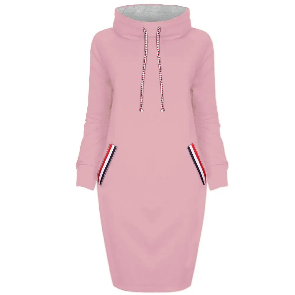 pink dress Fionto женское осенне-зимнее платье миди тонкое повседневное однотонное с длинным рукавом с карманом худи с капюшоном платья S-3XL облегающее теплое платье - Цвет: pink dress