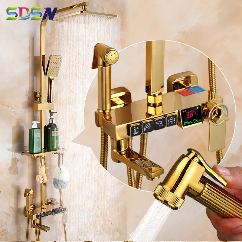 

Digital Shower Set SDSN Gold Bathroom Mixer Faucets Quality Brass Bathtub Tap Rainfall Shower Head Gold Thermostatic Shower Sets