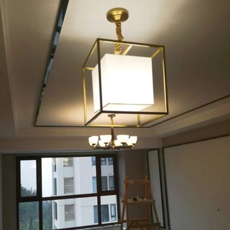 European American golden square cube copper brass LED pendant lamp light fabric frame modern hanging chain | Освещение