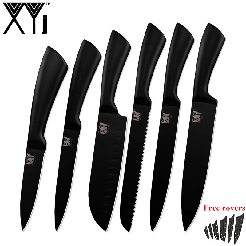 A.6PCS SET XYj 7 шт. кухонные ножи из нержавеющей стали набор инструментов черный изгиб Полный Тан ручка шеф-повара нож 8 ''держатель для ножей Кухня аксессуар - Color: A.6PCS SET