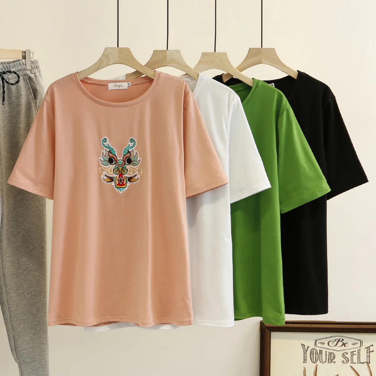 Китайский дракон вышивка футболка Женские повседневные футболки новая летняя
