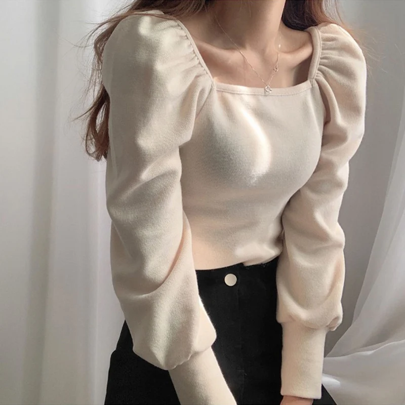 

Autumn Spring 2021 New Knit Top Hollow Out Clavicle T Shirt Slim Fit Pleated Puff Sleeve Chic Square Collar Solid Blusas