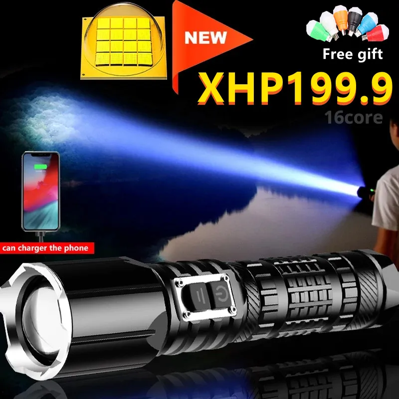

Новейсветильник мощная светодиодная вспышка XHP199, мощный яркий фонарик, перезаряжаемая тактическая вспышка XHP99, 18650, Тип C, Usb, ручная лампа