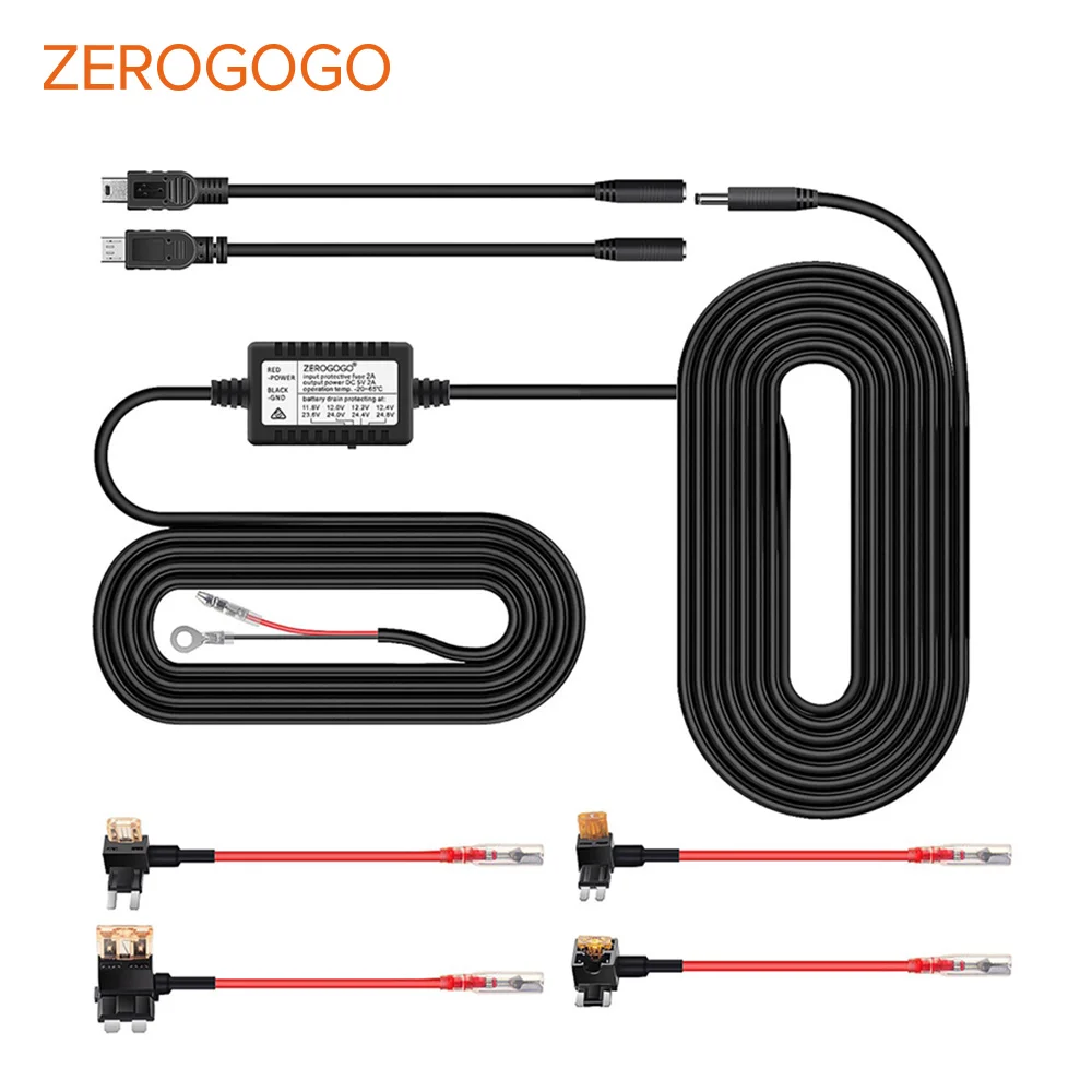 ZEROGOGO жесткий провод комплект DC 12 В 24 В до 5 В 2.0A DVR адаптер питания кабель Мини Micro USB Hardwire комплект для видеорегистратора/Автомобильный видеорегистратор/gps