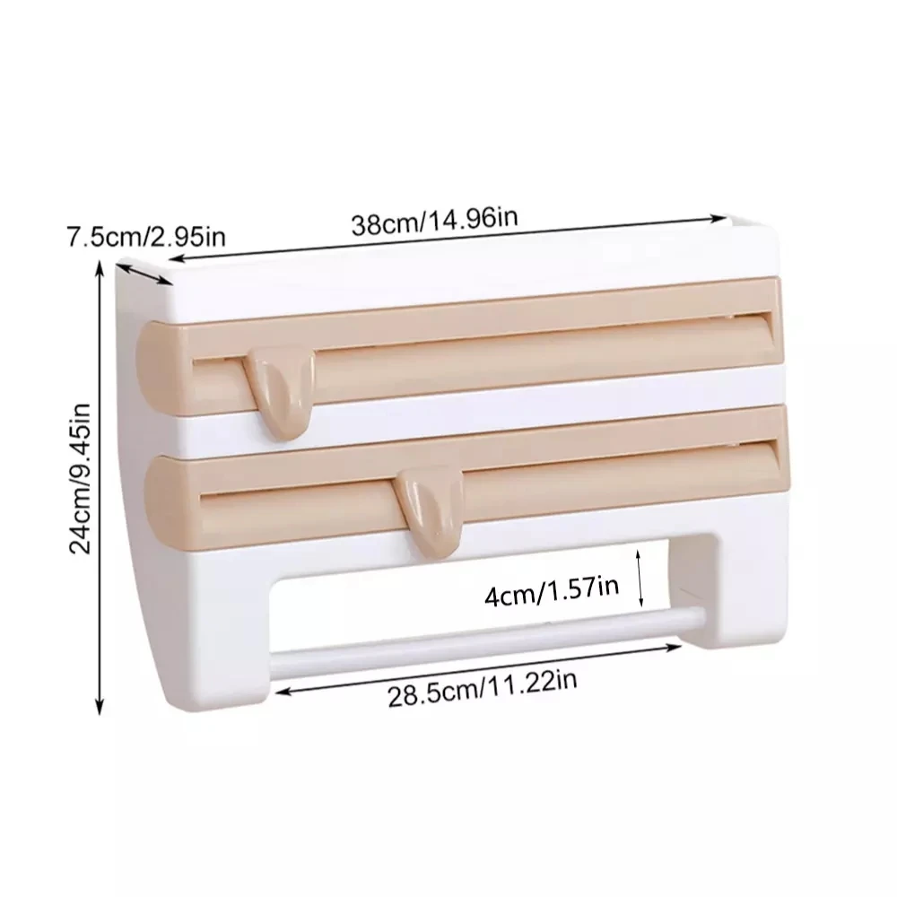 

4-in-1 Wall Mount Paper Towel Holder Kitchen Storage Rack Plastic Wrap Dispenser with Cutter Cling Film Cutting Kitchen Holder