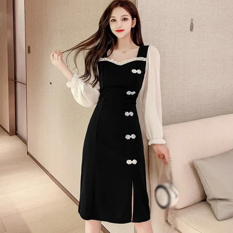 

Retro Women's Dress Improved Cheongsam Robe Sexy Dish Side Slit Charm Vestidos Square Neck Canonicals Black White XL