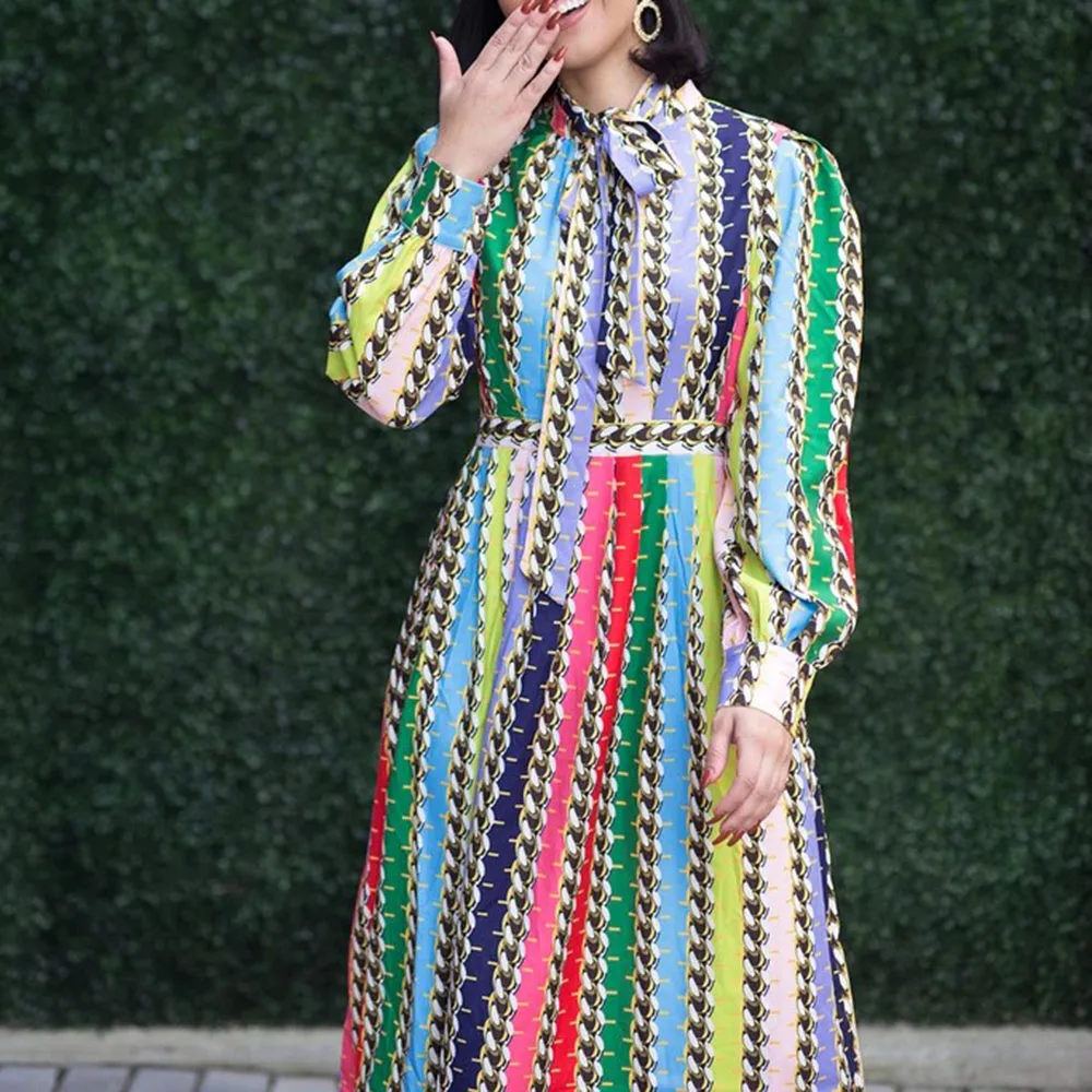 Женское платье в полоску большие размеры винтажное с бантом длинным рукавом