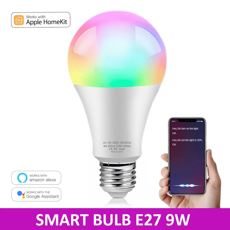 Умная Светодиодная лампа E27 Wi-Fi 9 Вт RGB + холодный и теплый белый Многоцветный