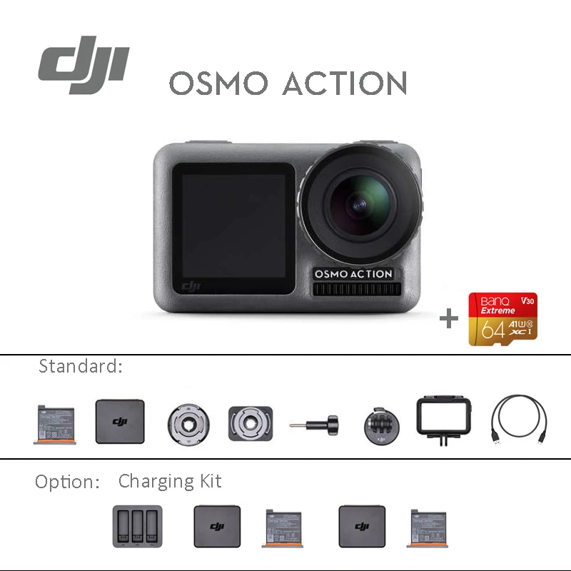 charging kit 64G DJI Osmo Экшн-камера для занятий спортом, двойные экраны и RockSteady стабилизации Водонепроницаемый 8xSlow движения бренд в - Цвет: charging kit 64G