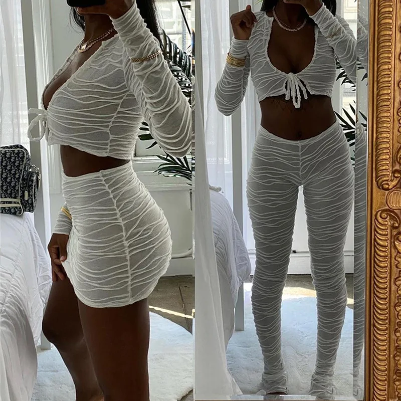 

Женские обтягивающие наряды с длинным рукавом, с низким вырезом, на шнуровке, укороченный топ, мини-юбка, комплект 2020, наряды, Женская облега...