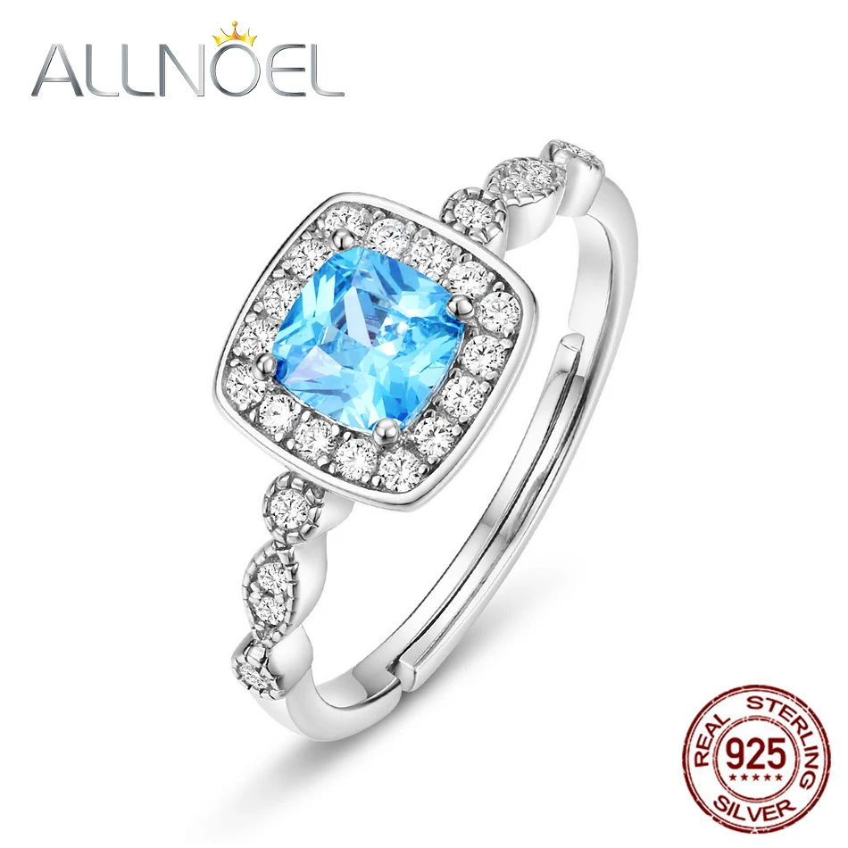 

ALLNOEL Solid 925 Sterling Silver Rings For Women Big Square Sea Blue 3A Zirconium Adjustable Elegant Luxury Engagement Jewelry