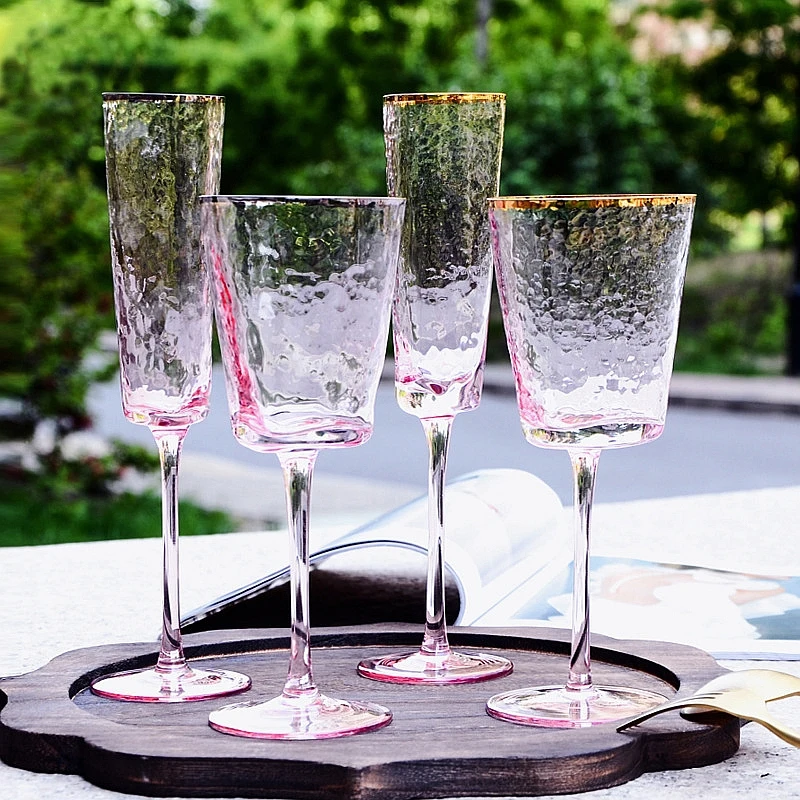 Креативные бокалы для вина с узором молотка Золотой обод розовый серый