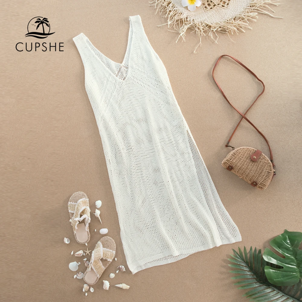 cupshe ivory v neck hollow out cover up woman swimsuit sexy side split sleeveless beach midi dress 2021 summer dress beachwear free global shipping