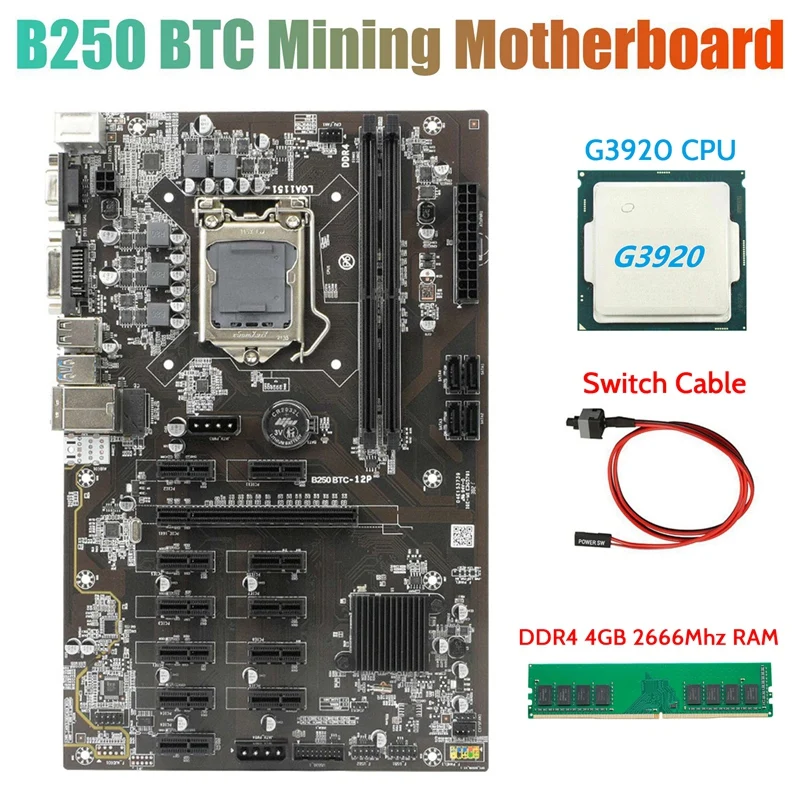 

B250 BTC Mining Motherboard With G3920 Or G3930 CPU+DDR4 4G 2666Mhz RAM+Switch Cable 12Xgraphics Card Slot LGA 1151