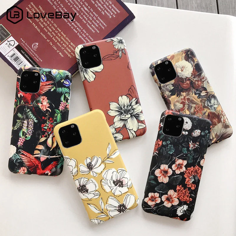 

Lovebay Retro Flowers Leaf Phone Case For iPhone 11 12 Pro X XR XS Max 8 7 6s Plus SE2020 Leaves Matte Soft IMD Silicone Cover