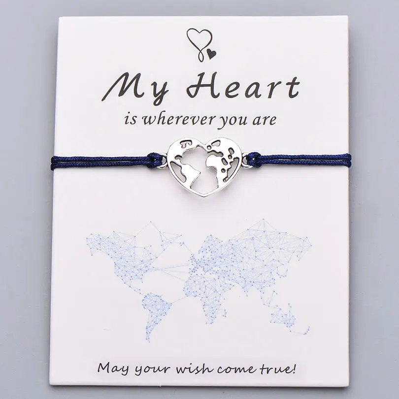 dark blue with card Pipitree Lucky My Heart карта мира браслет ручной работы регулируемая красная струна Очаровательные Браслеты Wish ювелирные изделия подарок для женщин мужчин влюбленных - Окраска металла: dark blue with card