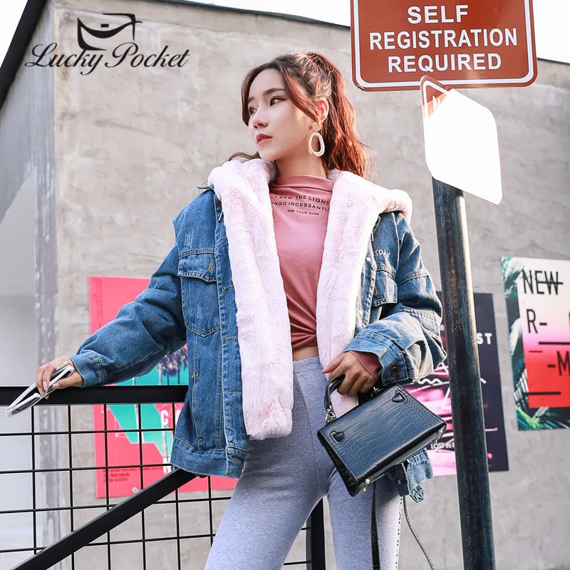 

Women Winter Fashion Denim Spliced Loose Coat Female High Street Designed Warm Fur Leather Ladies Hooded New Outerwear ML1058