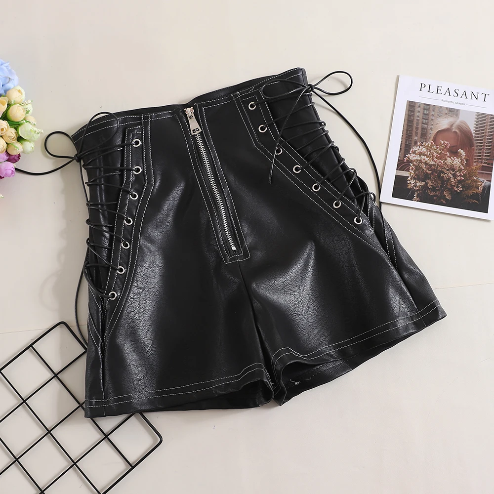 black shorts MUMUZI/кожаные шорты на шнуровке, американская мода, новые черные и белые кожаные шорты, простой дизайн, повседневные женские шорты с высокой талией - Цвет: black shorts